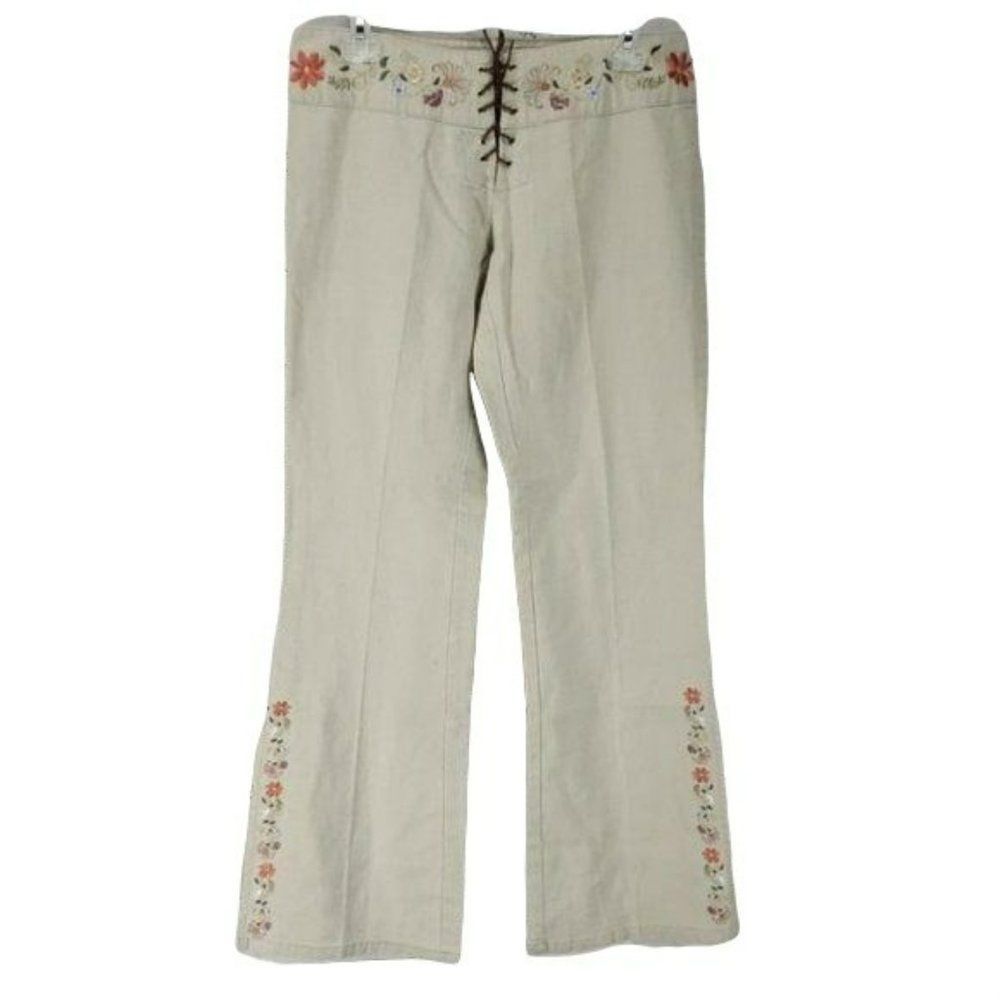Gypsy Jeans Tan Linen Blend Floral Embroidered Lace Up Front Pants Size 7/8